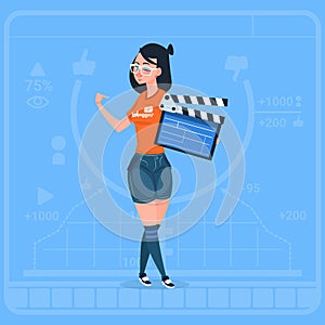 Girl Holding Clapperboard Modern Video Blogger Vlog Creator Channel