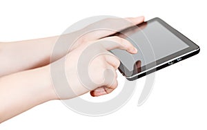 Girl holding and clicking tablet-pc screen isolated