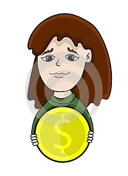 Girl holding a coin with dollar signs, vector illustration
