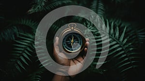 Girl holding the compass. Hands of teenager girl holding compass. Green grass background. Copy space. Orienteering on