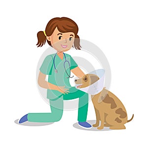 Girl holding dog. Vet girl, pet doctor. Cute cartoon girl