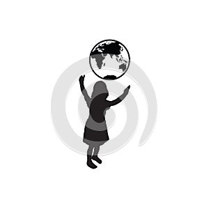 Girl holding the earth.  chide care of planet icon. globe in children hands