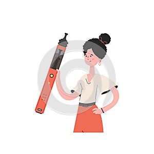 The girl is holding an electronic cigarette in her hands. Flat style. Isolated. Vector illustration.