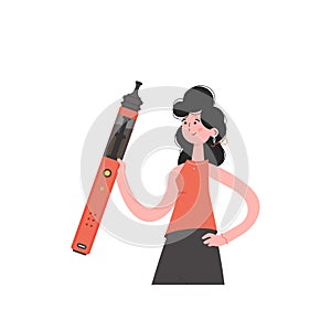 The girl is holding an electronic cigarette in her hands. Trendy style with soft neutral colors. Isolated. Vector