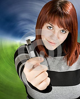 Girl holding a flash drive