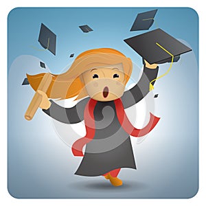 girl holding graduation certificate and hat. Vector illustration decorative design