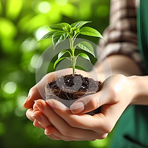 Girl holding a green sprout in her palm. Plant in girl hand.