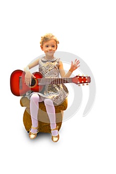 Girl holding a guitar, greeting with her hand
