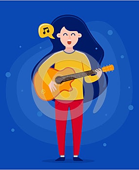 Girl holding a guitar and singing a song. play music. character vector