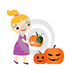 Girl holding halloween pumpkins. Halloween children series