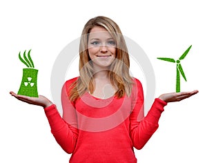 Girl holding in hands wind turbine and nuclear power plant icon.