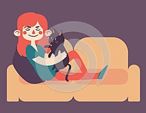 Girl Holding her Pet Cat on Sofa