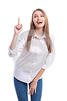 Girl holding index finger up on white isolated background