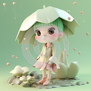girl holding a lotus leaf in light rain generative AI