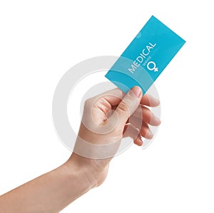 Girl holding medical business card isolated on white. Women`s health service