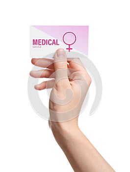 Girl holding medical business card isolated on white. Women`s health service