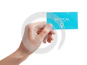 Girl holding medical business card isolated on white. Women`s health service