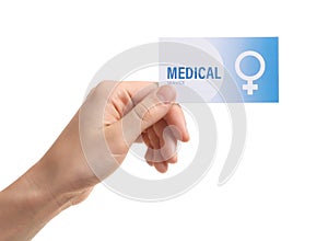 Girl holding medical business card isolated on white. Women`s health service