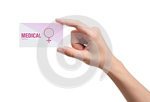 Girl holding medical business card isolated on white. Women`s health service