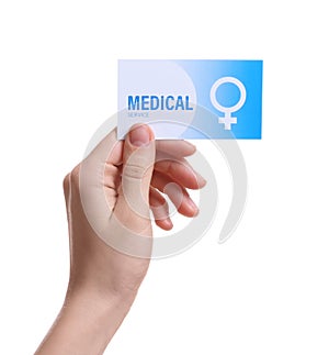 Girl holding medical business card isolated on white. Women`s health service