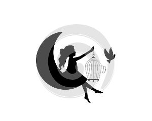 Girl holding open bird cage and flying bird silhouette, vector