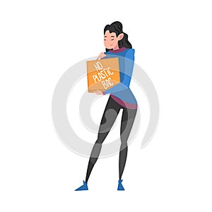 Girl Holding Paper Shopping Bag with No Plastic Bag Inscription, Reducing Plastic Campaign, Protection of Environment
