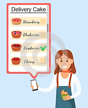 Girl Holding Phone with Delivery Cake Service.