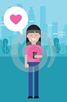 Girl holding phone love shape heart in pink smiling modern material design character standing