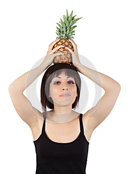 Girl holding pineapple over his head