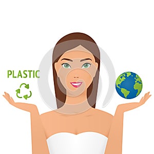 Girl holding planet and a plastic recycling sign say no plastic pollution recycling ecology problem save the earth