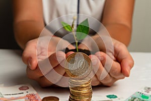 A girl holding a plant sprout in her hands with green leaves growing from the ground