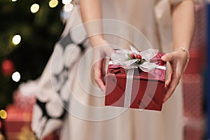 Girl holding a red gift box on christmas day