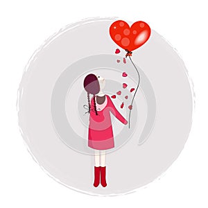 A girl holding a red heart ballon. Red doodle heart. Happy Valentine`s day greeting card