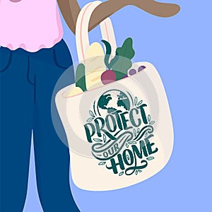 Girl is holding reusable eco bag with lettering quote. Cute female character. Caring for the environment. Shopping without waste.