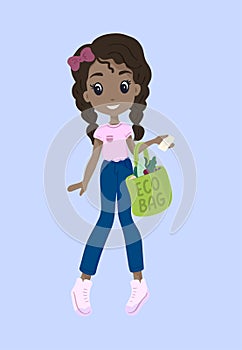 Girl is holding reusable eco bag with lettering quote. Cute female character. Caring for the environment. Shopping without waste.