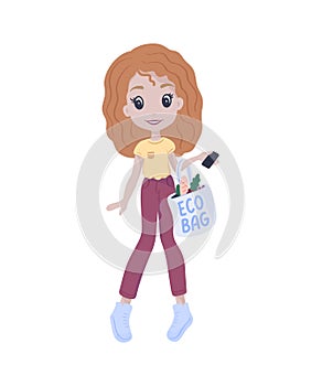 Girl is holding reusable eco bag with lettering quote. Cute female character. Caring for the environment. Shopping without waste.