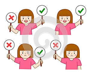 girl holding right or wrong sign. true or false concept illustration
