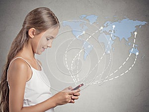 Girl holding smartphone browsing internet worldwide