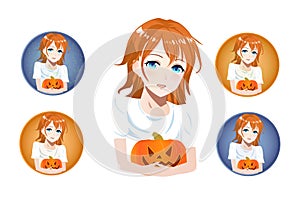 Girl holding a smiling pumpkin in her hands, set of icons. Vector anime characters. Anime girl in japanese. Anime style