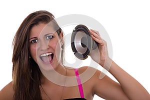 Girl holding speaker