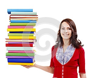 Girl holding stack color book .