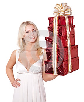 Girl holding stack gift box.