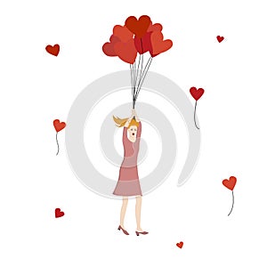 Girl holding the string of bunch of flying red heart balloons. Scared woman flying high with baloons