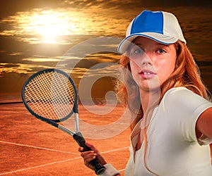 Girl holding tennis racket on sun sky with clouds.