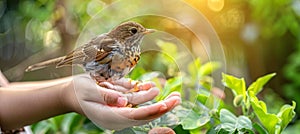 Girl holding tiny bird, symbolizing animal welfare and protection, concept of caring for wildlife