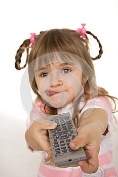 Girl holding tv remote control