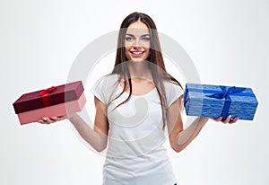 Girl holding two gift boxes