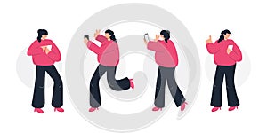 Girl holding and using smartphone. Making photo, texting and video chatting. Set of flat line vector character illustrations photo