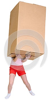 Girl holding very heavy brown cardboard box