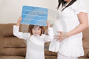 Girl holding a 30 weeks sign to her expectant mother